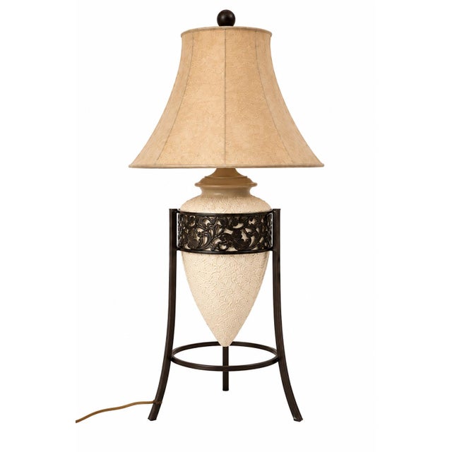 Neoclassical Vintage 1970s Mediterranean Textured Ceramic Urn Tripod Lamp With Original Shade For Sale - Image 3 of 5