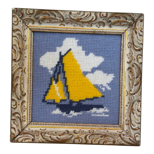 Small Vintage Sailboat Needlepoint, Framed For Sale