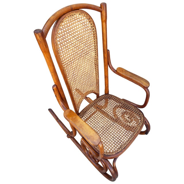 Mid-Century Portuguese Bent Oak & Caine Scrolling Rocking Chair No. 5585 For Sale - Image 4 of 11