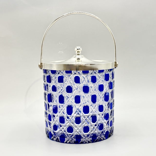 Glass Mid-Century Modern Art Glass Jars with Blue Cut in Clear Crystal Biscuit Barrels with Silver-Plated Mounts, 1950s, Set of 2 For Sale - Image 7 of 18
