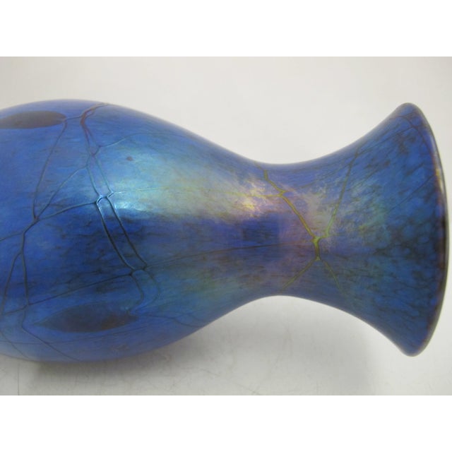 Glass Donald Carlson Iridescent Blue Splatter Studio Art Glass Trumpet Vase For Sale - Image 7 of 12