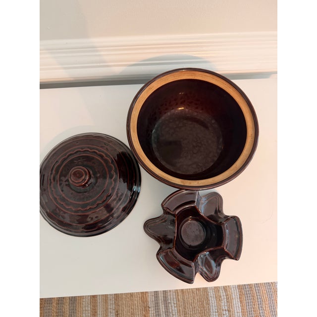 Vintage Mar-Crest Daisy Dot covered stoneware bean pot or casserole in rich Colorado Brown glaze, raised on an unusual...