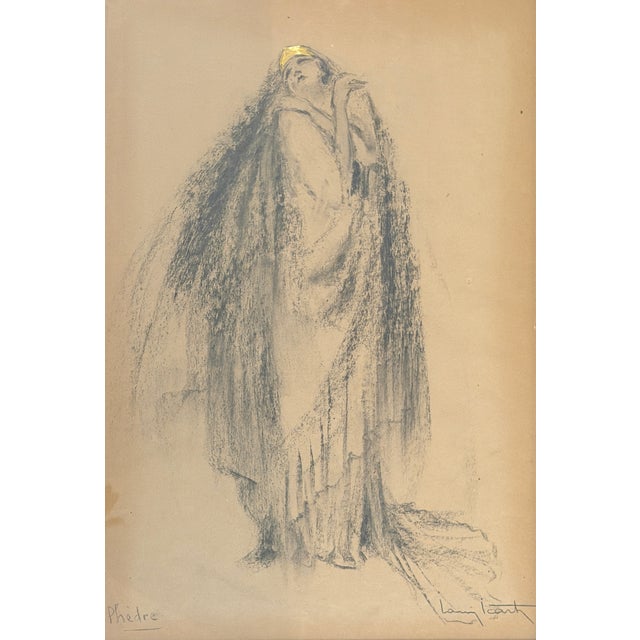 Refined Charcoal Sketch on Paper, with Gold Finish, of a Female Figure Created and Signed by Louis Icart, Born in Toulouse...
