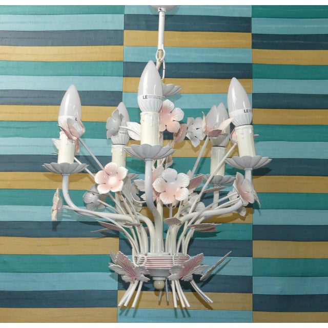 1970s Vintage French Five Candle Chandelier with Pink Flowers by Massive, 1970s For Sale - Image 5 of 11