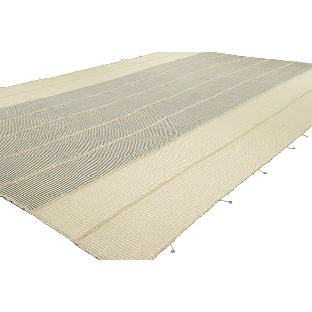 Rug & Kilim Rug & Kilim’s Contemporary Oversized Kilim in White and Gray Textural Stripes For Sale - Image 4 of 7