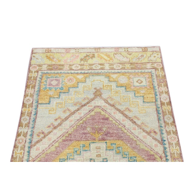 Turkish Oushak Rug Green Cream Pink Handwoven Wool Runner 2'10" X 10'5" For Sale In Houston - Image 6 of 8