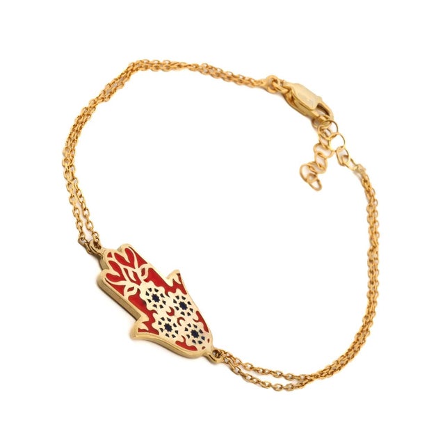 Contemporary Red Enamel Floral Hamsa Hand Gold Vermeil Chain Bracelet For Sale - Image 3 of 8