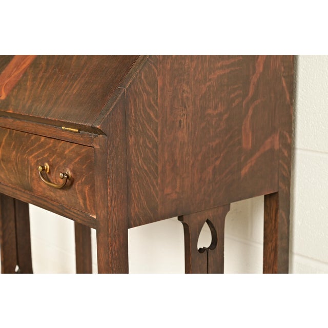 Stickley Brothers Style Antique Mission Oak Arts & Crafts Drop Front Secretary Desk With Inlaid Marquetry, Circa 1910 For Sale - Image 11 of 16