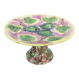 Antique Etruscan Majolica Cake Stand, Round Pink Yellow Green Leaf Motif Platter With Faux Bois and Ivy Base Makers Mark For Sale