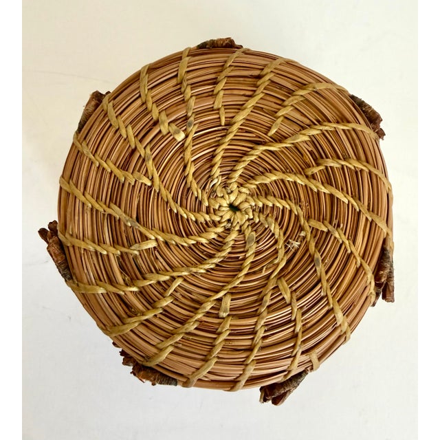 Wood Native American Folk Art Handwoven Pine Needle Trinket Basket With Turquoise Accent For Sale - Image 7 of 7