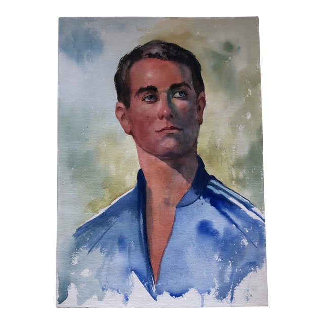 Original Vintage Young Male Watercolor Portrait Painting 1970’s For Sale