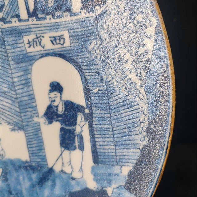 White Chinese Ceramic Plate,Qianlong Marked Blue and White Porcelain Plate Hand Painted Figures Story Pattern For Sale - Image 8 of 11