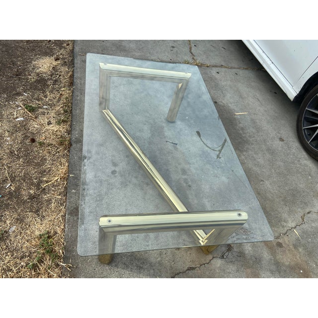 1970s Attributed to Karl Springer Hollywood Regency Style MCM Brass Tubular Coffee Glass Table For Sale - Image 16 of 18