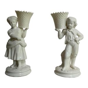 Rare Pair of 1930s Irish Belleek Parian Porcelain Figural Vases - Country Boy & Girl With Baskets