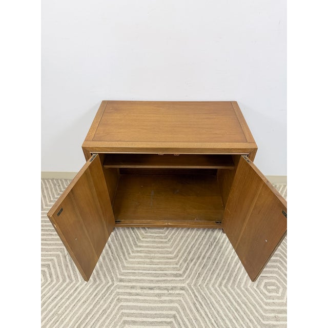 Brown MCM Cabinet Brass Pulls Checker Panel Doors Vintage Mid-Century Storage For Sale - Image 8 of 8