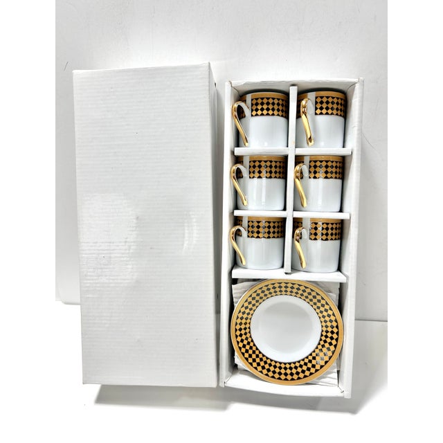 Vintage Porcelain Espresso Set With 18k Gold Harlequin Pattern & Greek Key Rim – 6 Cups & Saucers For Sale - Image 10 of 10