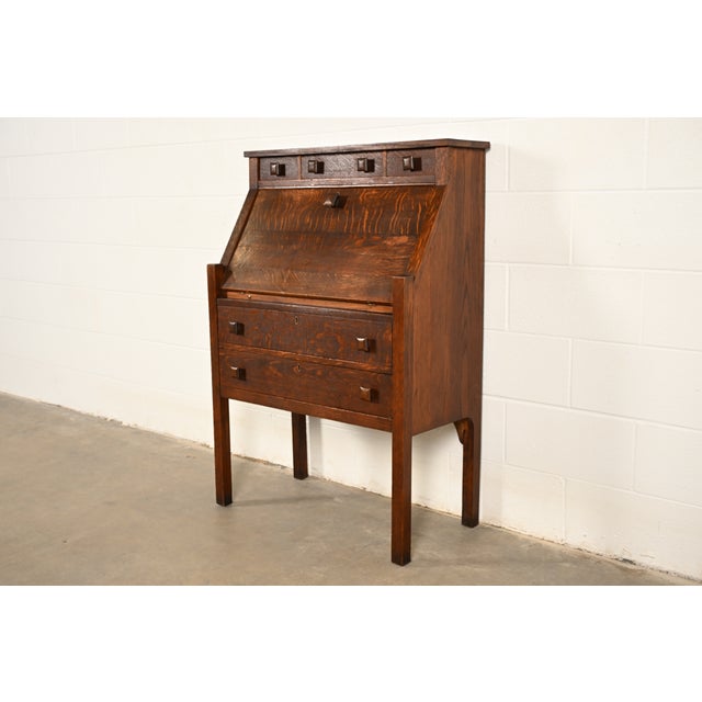 Stickley Brothers Style Antique Mission Oak Arts & Crafts Drop Front Secretary Desk, Circa 1910 For Sale - Image 17 of 17