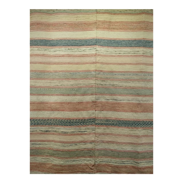 Antique American Rag Rug, Handwoven Stripe Pattern, Pale Blue & Ivory, 6x7 For Sale