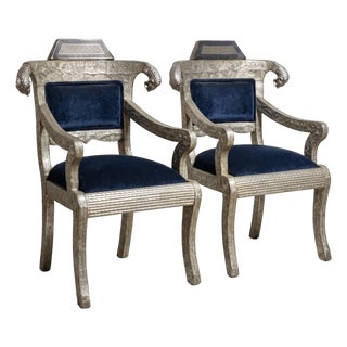 Mid-Century Anglo-Indian Klismos Style Metal Clad Chairs W/ Lions & Velvet - Pair For Sale