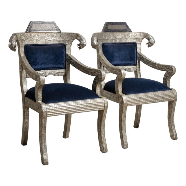 Mid-Century Anglo-Indian Klismos Style Metal Clad Chairs W/ Lions & Velvet - Pair For Sale