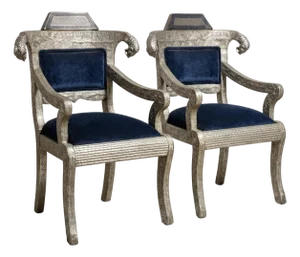 Mid-Century Anglo-Indian Klismos Style Metal Clad Chairs W/ Lions & Velvet - Pair
