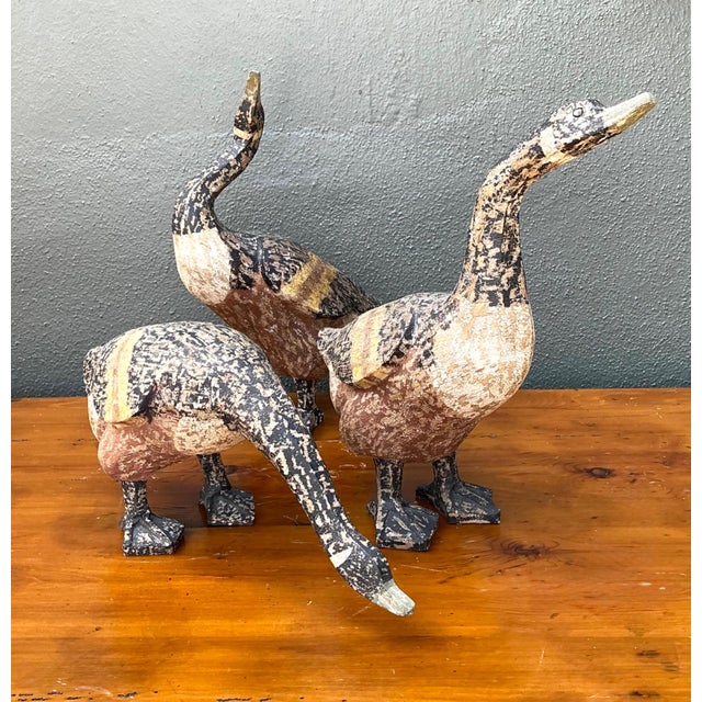 Vintage Carved Wood Goose Sculptures - Set of 3 For Sale - Image 4 of 18