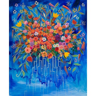 Mega City Redux by Robin Hextrum | Oil on Canvas Colorful floral arrangement with abstract background For Sale
