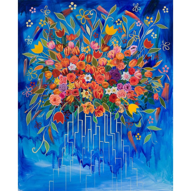 Mega City Redux by Robin Hextrum | Oil on Canvas Colorful floral arrangement with abstract background For Sale