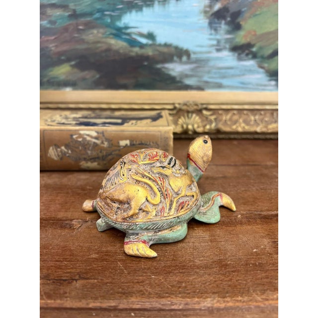 Folk Art Vintage Hand Carved and Hand Painted Wooden Turtle Figurine For Sale - Image 3 of 11