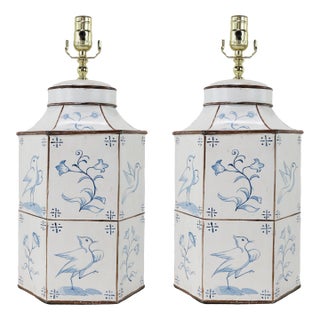 A Pair of Vintage Hand-Painted Blue and White Imitation Dutch Tile Painting Tea Can Table Lamps For Sale