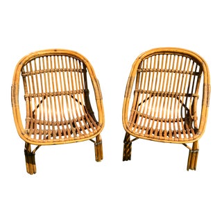 Circa 1940s Pair Rattan Slipper Chairs For Sale