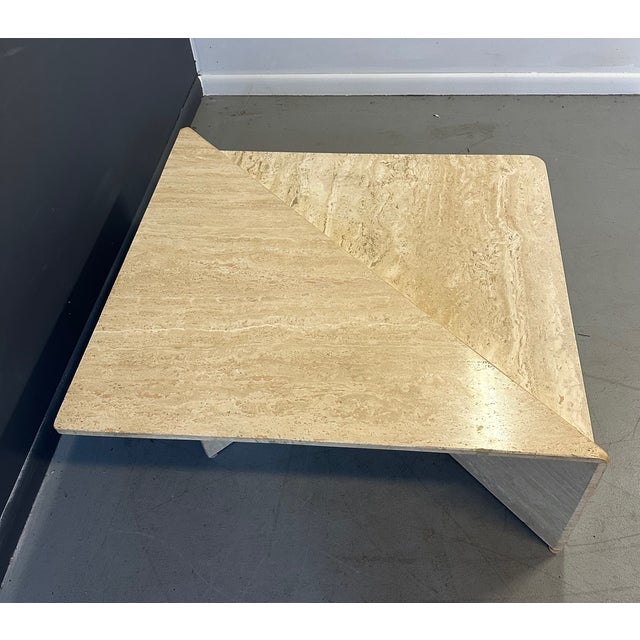Brown 1980s Italian Post Modern Travertine Triangular Marble 2 Piece Cocktail Table For Sale - Image 8 of 11