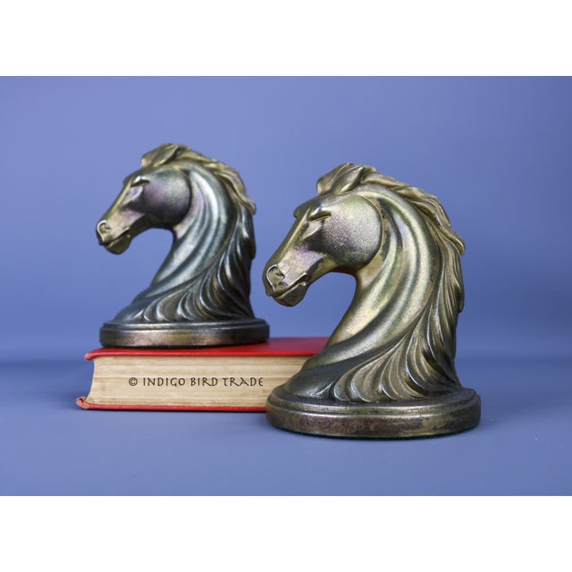 Antique Art Nouveau Metal Horse Head Bookends, c. 1930's These elegant bookends represent busts of horse in Art Nouveau...