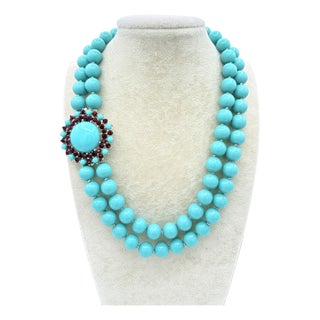 1950s Crown Trifari Turquoise Cabochon Necklace and Convertible Brooch Pendant Set For Sale