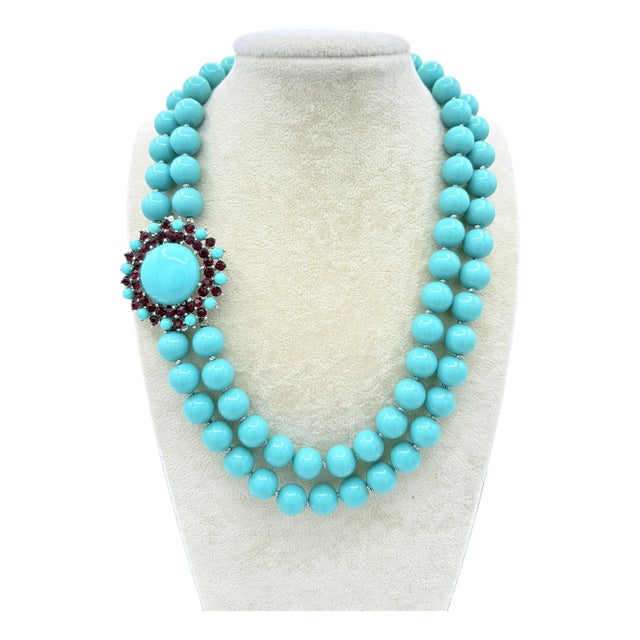 1950s Crown Trifari Turquoise Cabochon Necklace and Convertible Brooch Pendant Set For Sale