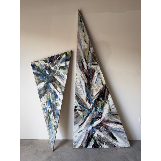 Mid-Century Modern Oversized 1989 Vintage Textured Expressionist Abstract Acrylic on Canvas Geometric Paintings – Pair For Sale - Image 3 of 16