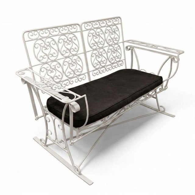 A set of white 1950s Mid-Century Woodard style wrought iron wire patio/outdoor seating featuring a Glider lounge chair and...
