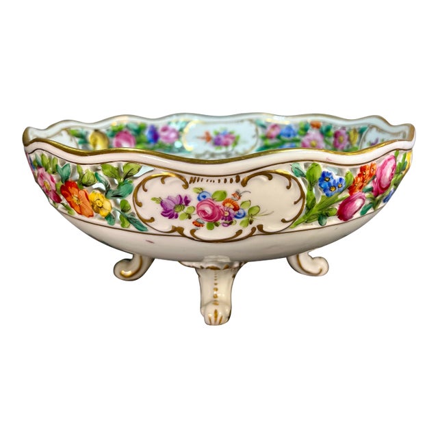 Antique Dresden Footed Reticulated Porcelain Bowl For Sale