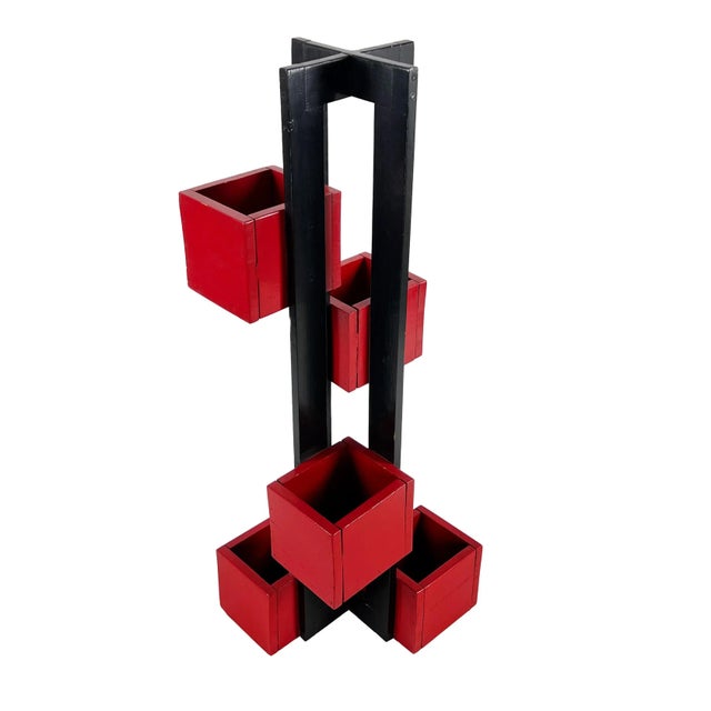 1960s Vintage 1960s Handmade Modern Painted Black & Red Wood De Stilj Staggered Cubes Floor Planter For Sale - Image 5 of 11