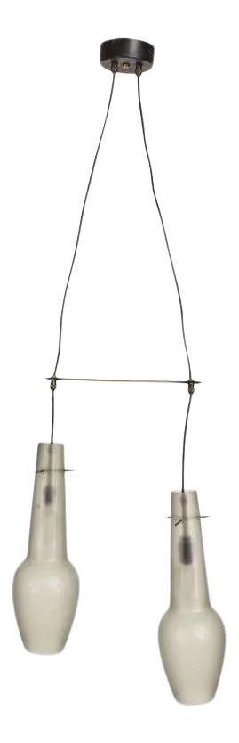 1960s Stilnovo Italian Double Pendant Lamp Frosted Glass Brass Sway Bar