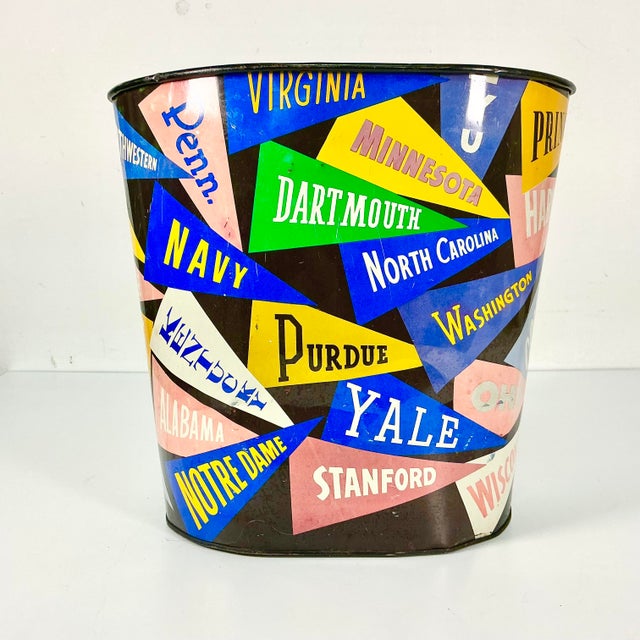 Mid 20th Century Mid-Century Boho Chic Americana College Pennant Metal Wastebasket. For Sale - Image 5 of 11
