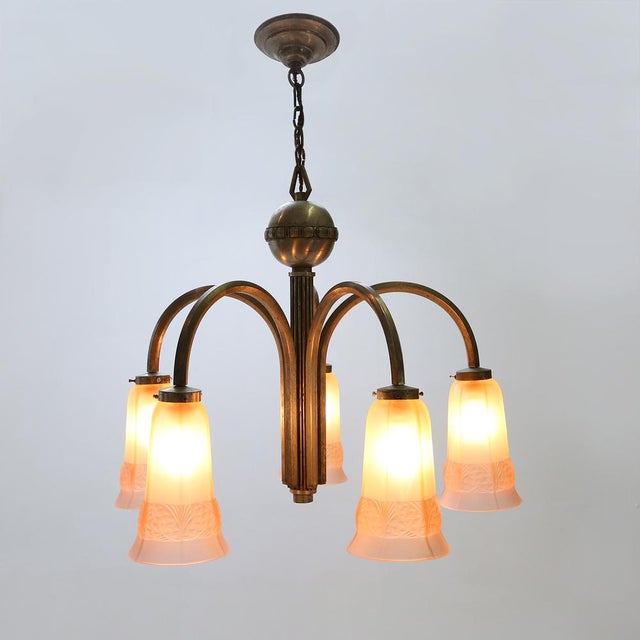 Art Deco Chandelier with Etched Pink Glass Shades, 1930s For Sale - Image 11 of 11