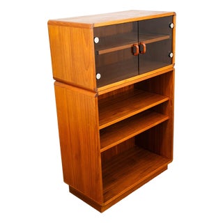 Mid Century Danish Modern Bookshelf Cabinet Teak Shelves Glass Doors Display MCM For Sale