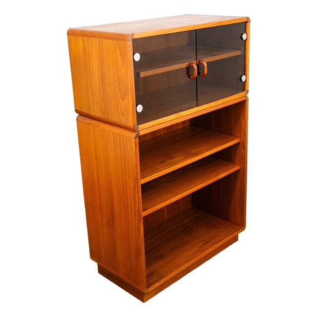 Mid Century Danish Modern Bookshelf Cabinet Teak Shelves Glass Doors Display MCM For Sale