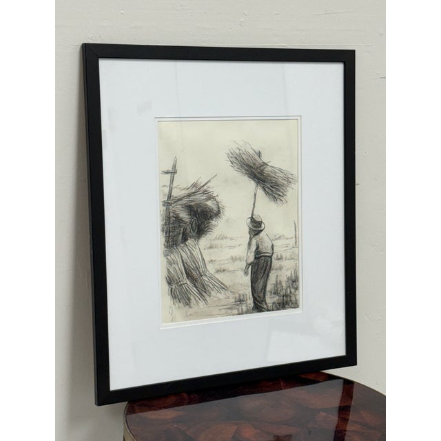 Realism Drawing of European Laborer in Charcoal, Framed For Sale - Image 3 of 12