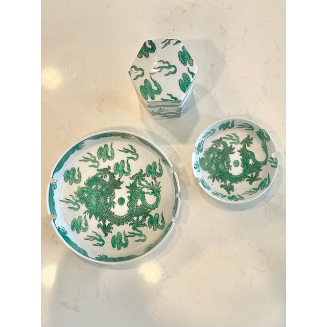 Vintage Japanese Green Dragon Porcelain Ashtrays & Holder Set - 3pc. Set For Sale In Palm Springs - Image 6 of 8