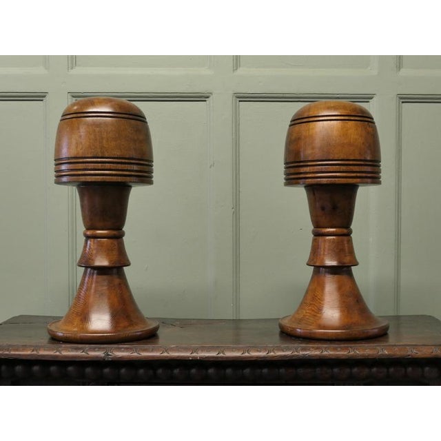 Large Turned Oak Wig Stands or Hat Displays, 1950, Set of 2 For Sale - Image 3 of 8