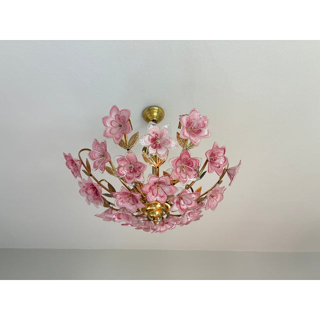 Vintage Murano Glass Floral Chandelier – Rare Deep Pink Flowers, Flush Mount For Sale - Image 17 of 18