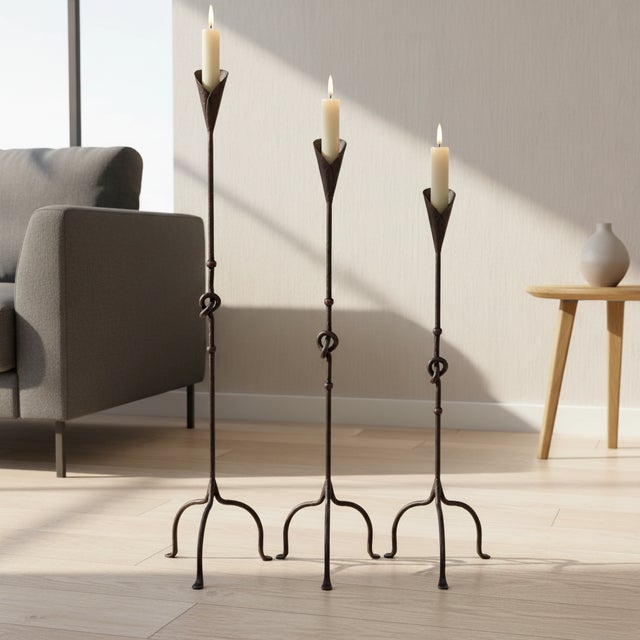 Rustic Hand Forged Iron Candelabra Set of 3 (90-110cm) Antique Copper Finish Knotted Stem with Conic Cup For Sale - Image 3 of 7