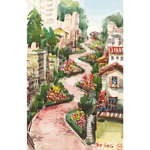 1970s Vintage San Francisco Watercolor Landscape -- Lombard Street in Springtime by Sun Ying For Sale - Image 5 of 6